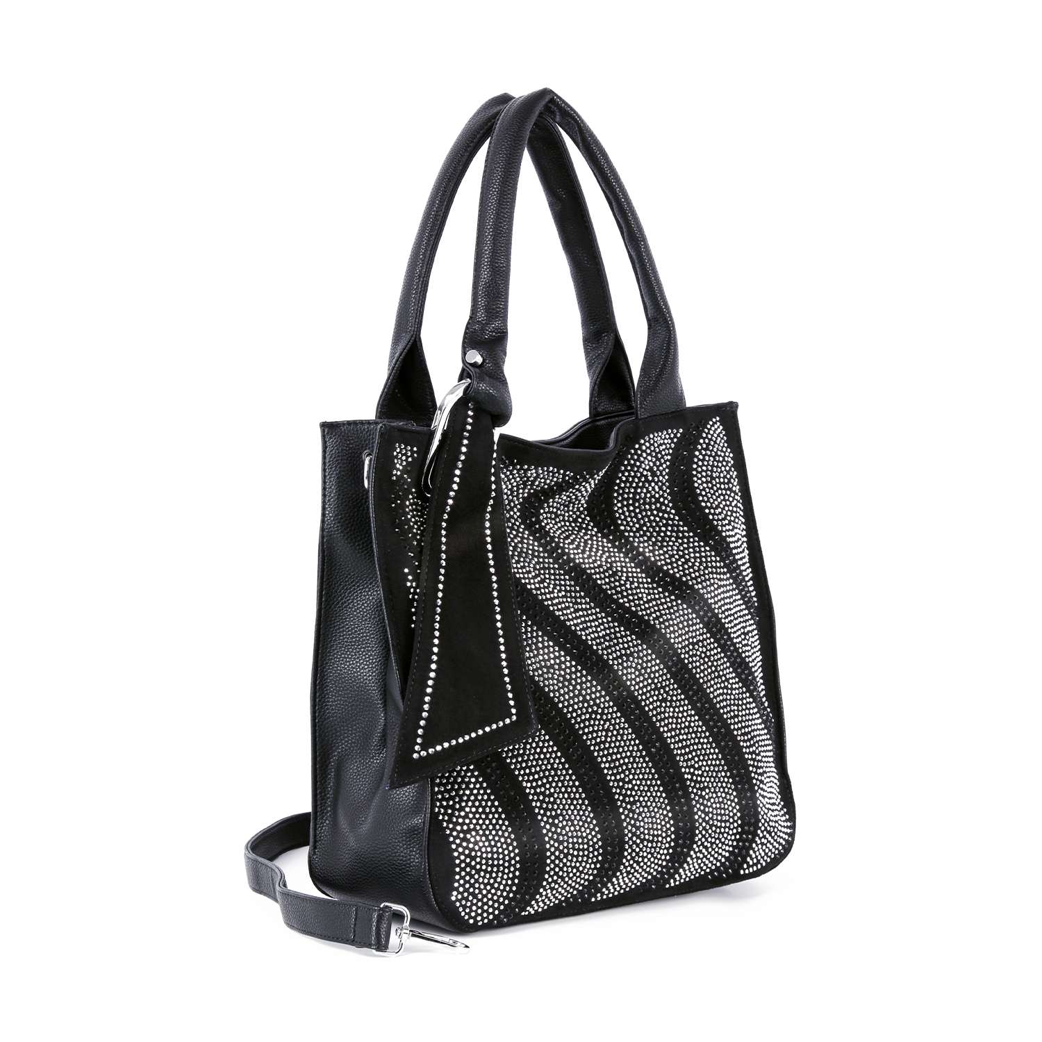 The Rhinestone Pattern Tote is a black leather handbag with silver wavy studs, double handles, a detachable shoulder strap, and a decorative scarf—offering stylish practicality and tablet compatibility.