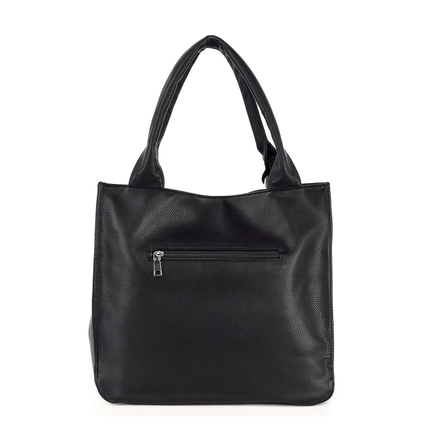 The Rhinestone Pattern Tote is a black leather bag with double handles and a zippered, tablet-compatible front pocket, shown against a plain white background.