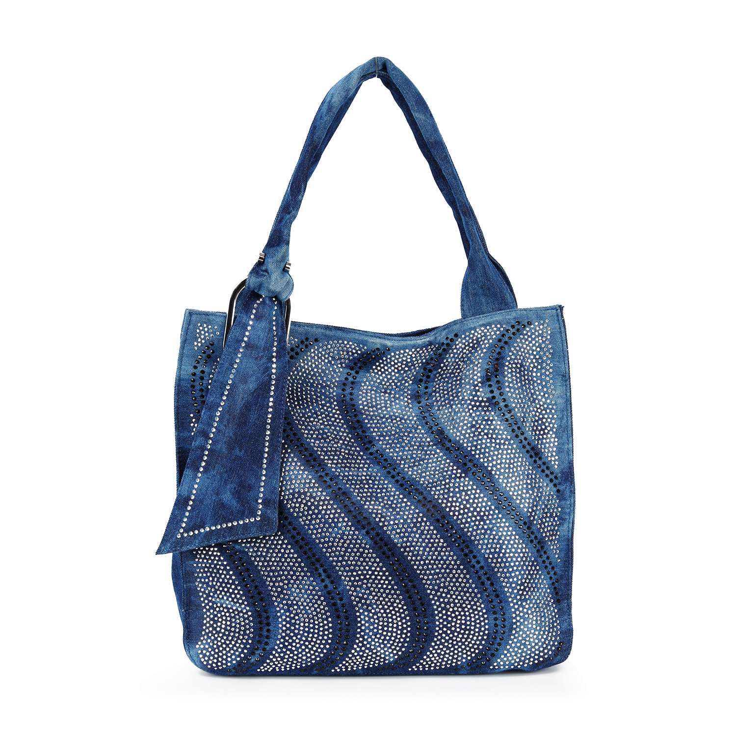 The Rhinestone Pattern Tote features blue denim with silver studded wavy designs, a matching handle, and a chic knotted fabric detail. Tablet compatible, it seamlessly blends fashion and function for your everyday style.