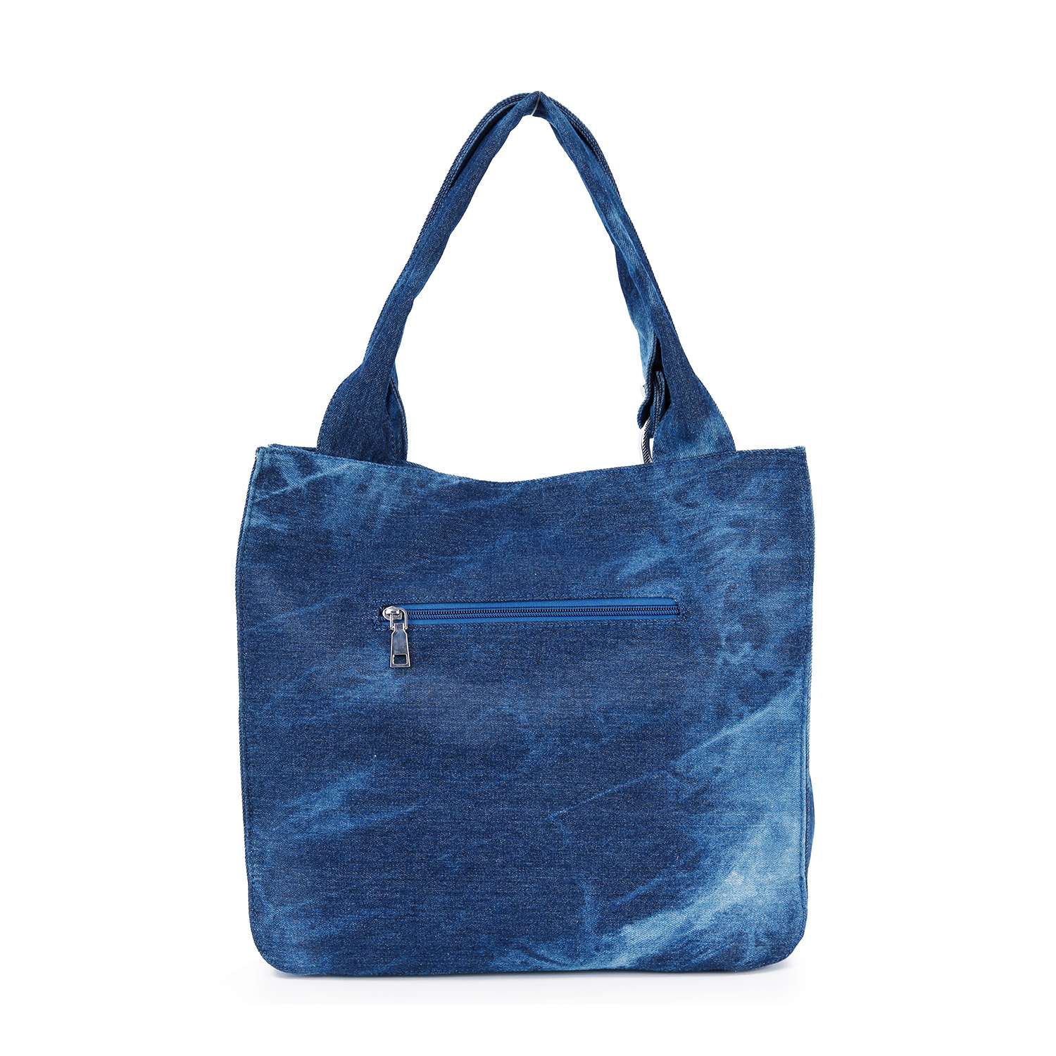 The Rhinestone Pattern Tote is a blue denim bag with a tie-dye look, double handles, a small front zip pocket, and a roomy design that fits tablets.