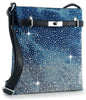 The Glamorous Rhinestone Fashion Crossbody Sling features sparkling rhinestones, a black strap, blue-to-silver ombre faux leather, and silver hardware, displayed upright against a white background.