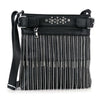 The Beaded Fringe Crossbody Sling Handbag is a black faux leather bag with silver chain fringe, silver studs on the top flap, a front zipper pocket, adjustable shoulder strap, and a stylish pebbled texture.