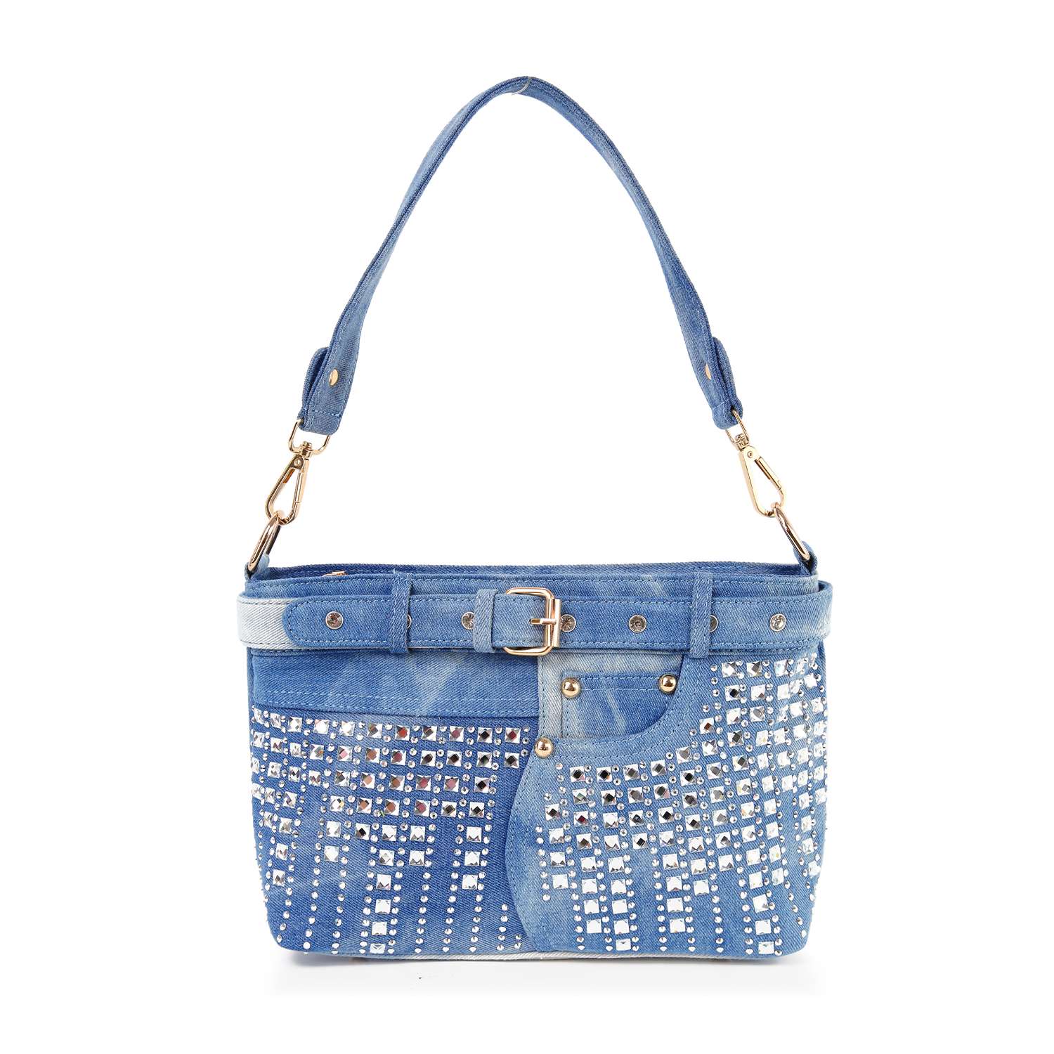 The Belted Rhinestone Shoulder Bag is a blue denim handbag with a shoulder strap, front belt detail, metal studs, silver hardware, and rhinestone embellishments for a stylish, eye-catching look. Includes a pocket for added convenience.