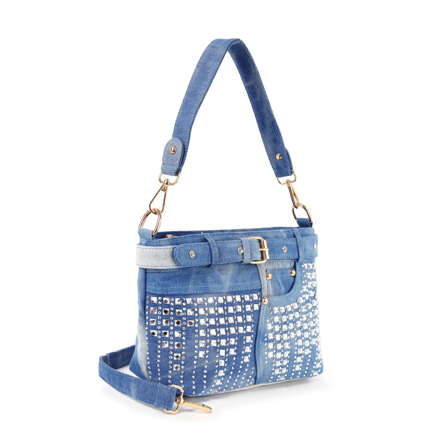 The Belted Rhinestone Shoulder Bag features blue denim, a short handle, long strap, silver hardware, and a belt-like detail near the top. It’s displayed on a white background.