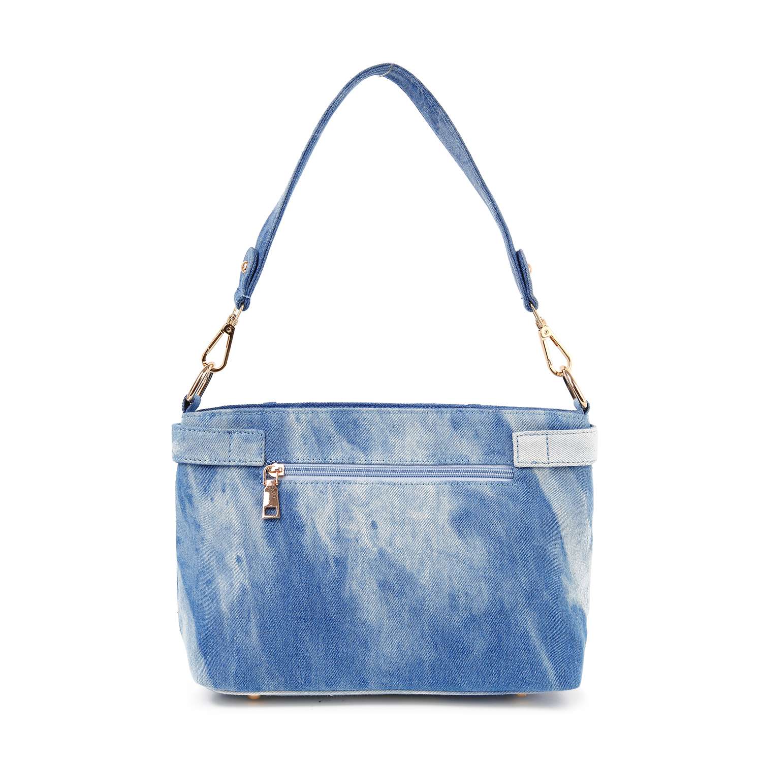 The Belted Rhinestone Shoulder Bag is a blue denim shoulder bag with a zippered front pocket, silver hardware, a matching denim strap, and a faded tie-dye pattern. It features rhinestone details and is shown against a white background.