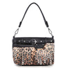The Belted Rhinestone Shoulder Bag features a tan and black animal print body with a black handle, black trim, a decorative buckle, and silver hardware studs arranged in a grid-like design.