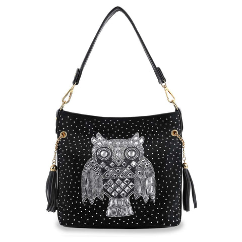 Owl Design Rhinestone Hobo Handbag