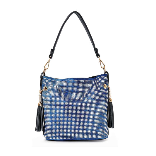 The Sparkling Rhinestone Hobo Handbag features blue rhinestones, a sparkling pattern, black shoulder strap, gold hardware, and two black tassels—this faux leather purse is the perfect statement accessory.