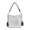 The Sparkling Rhinestone Hobo Handbag features a silver textured faux leather design, black shoulder strap, gold hardware, and black tassel accents for chic style, displayed against a crisp white background.