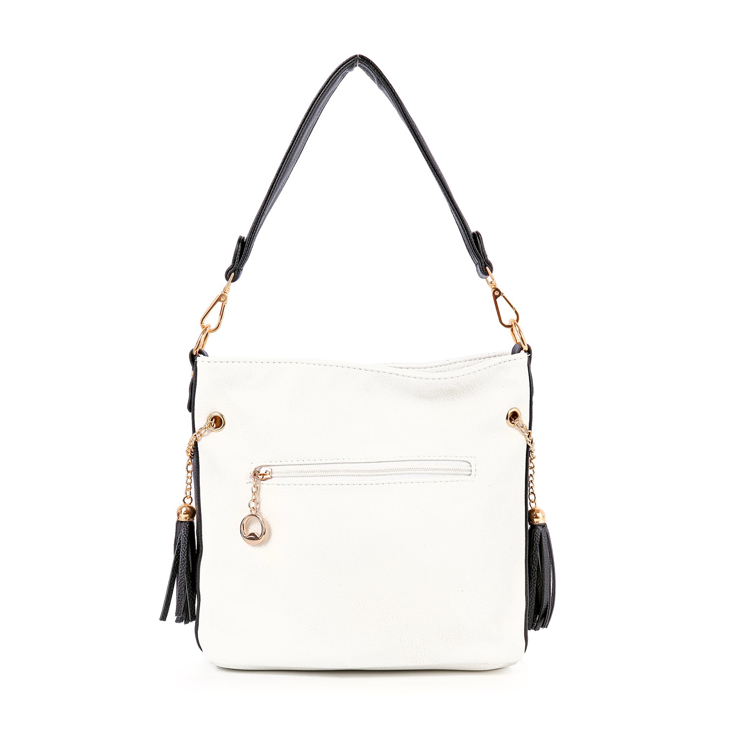 The Sparkling Rhinestone Hobo Handbag features white faux leather, a black shoulder strap, gold-tone hardware, front zipper pocket, and black tassel accents—making it a stylish choice for any occasion.