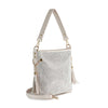 The Sparkling Rhinestone Hobo Handbag is a small, rectangular cream faux leather purse with a rhinestone-embellished front, gold hardware, side tassels, and both short and long detachable straps.