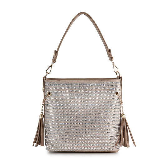 The Sparkling Rhinestone Hobo Handbag features metallic silver, gold hardware, a single shoulder strap, dazzling rhinestones, and two brown tassels on each side.