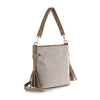 The Sparkling Rhinestone Hobo Handbag is a beige faux leather purse featuring a wide adjustable shoulder strap, sparkling rhinestones, and two brown tassels—an elegant, chic accessory perfect for any occasion.