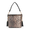 The Sparkling Rhinestone Hobo Handbag features a black handle, dazzling leopard print rhinestones, and two black tassels on each side—a bold, stylish choice for making a statement.