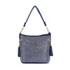 The Sparkling Rhinestone Hobo Handbag is a stylish blue faux leather purse with a single shoulder strap, gold hardware, dual tassel accents, and a rhinestone-covered front, shown against a white background.