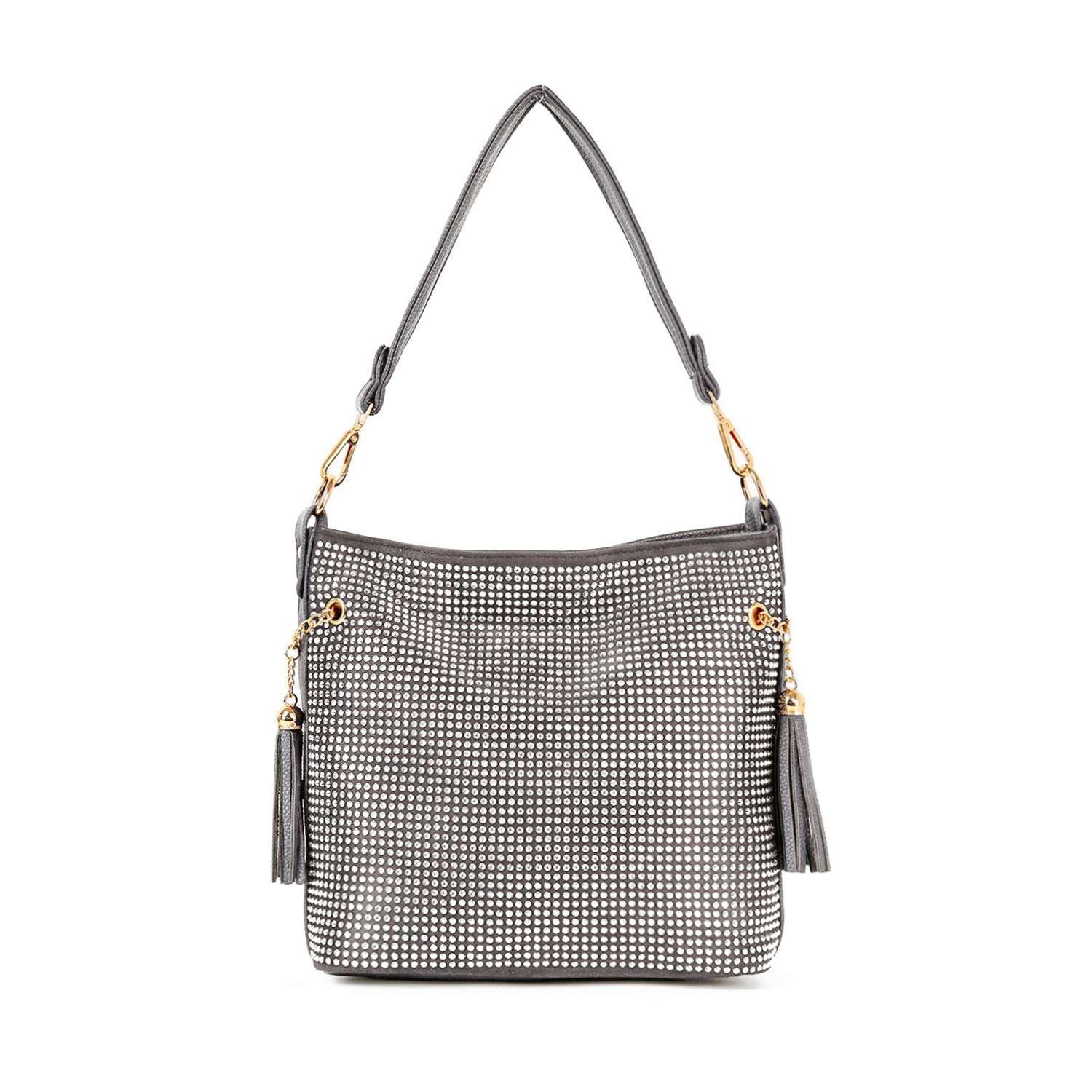 The Sparkling Rhinestone Hobo Handbag features a chic silver faux leather design with a textured, studded surface, gold hardware, tassel accents on each side, and a single handle for a modern take on classic glamour.