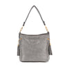 The Sparkling Rhinestone Hobo Handbag features a chic silver faux leather design with a textured, studded surface, gold hardware, tassel accents on each side, and a single handle for a modern take on classic glamour.