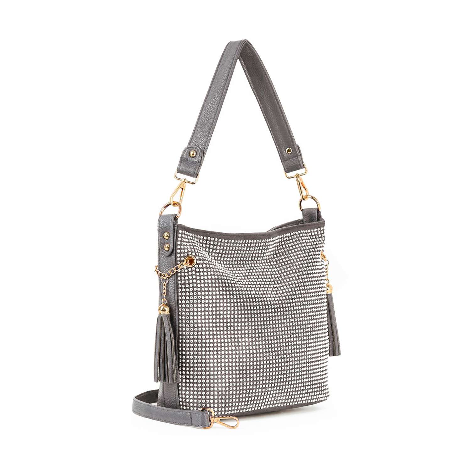 The Sparkling Rhinestone Hobo Handbag is a stylish gray bag with gold hardware, a shoulder strap, small tassel accents, and a rhinestone-covered front panel. Photographed on a white background.