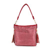 The Sparkling Rhinestone Hobo Handbag is a bold red faux leather purse with gold hardware, a single shoulder strap, silver rhinestone studs in a grid pattern, and chic tassel accents on each side.