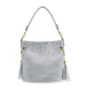 The Sparkling Rhinestone Hobo Handbag is a silver, textured faux leather bag with gold hardware, a short handle, side tassels, shimmering finish, and a drawstring-style top for added flair.
