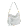 The Sparkling Rhinestone Hobo Handbag features a textured, shimmering silver faux leather surface with gold-tone hardware, a detachable strap, and a decorative tassel on the side.