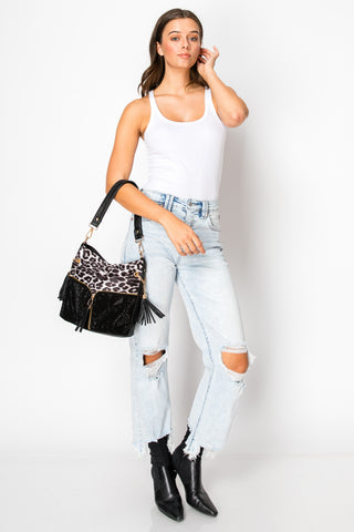 Animal Print Rhinestone Zip Hobo Handbag