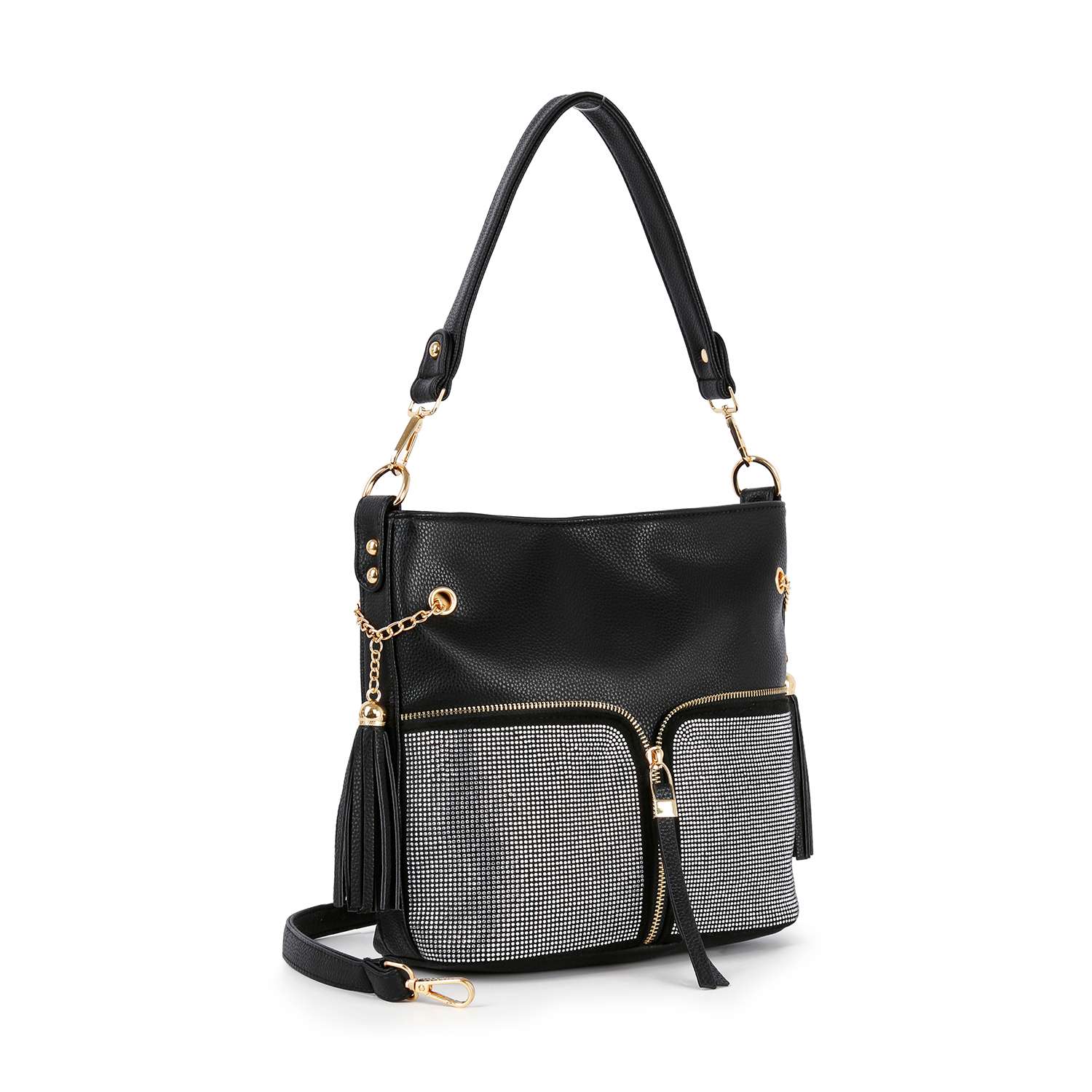The Rhinestone Zip Hobo Handbag is a black faux leather bag featuring a shoulder strap, gold hardware, two front zippered pockets with silver studs, a decorative tassel, and an extra detachable strap.