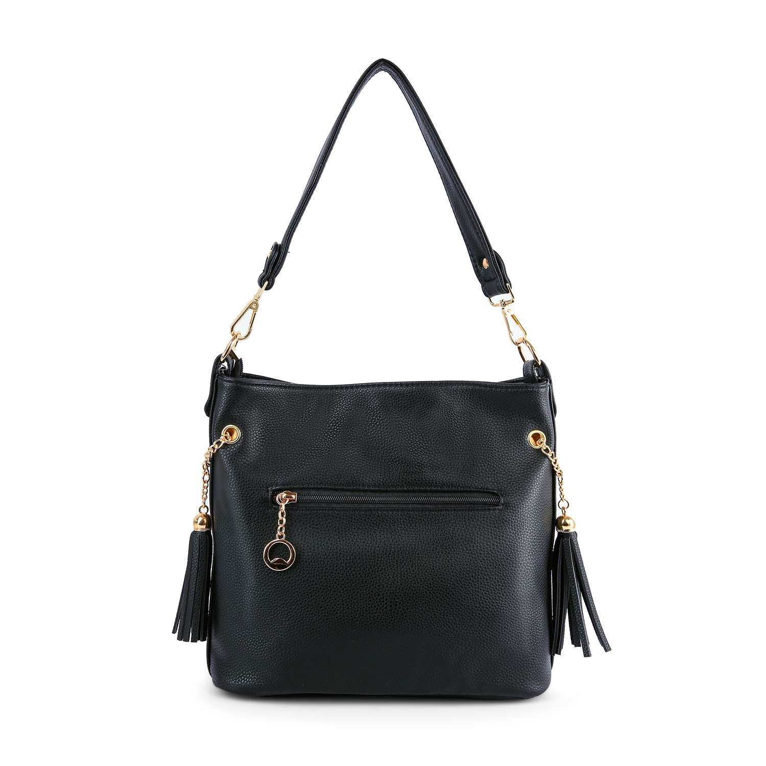 The Rhinestone Zip Hobo Handbag is a black faux leather bag with a single shoulder strap, gold hardware, a front zipper pocket, and two decorative tassels on each side.