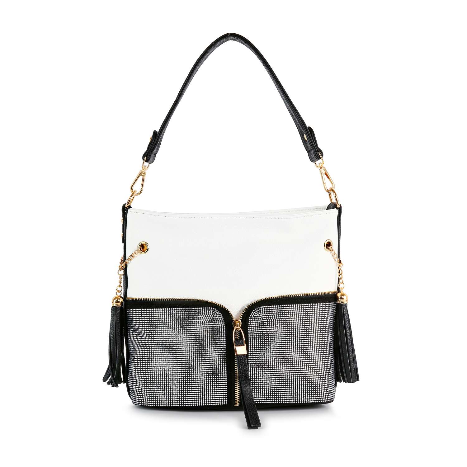 The Rhinestone Zip Hobo Handbag features a stylish faux leather design with a black handle, white upper section, two front checkered pockets, gold hardware, and black tassel zipper pulls.