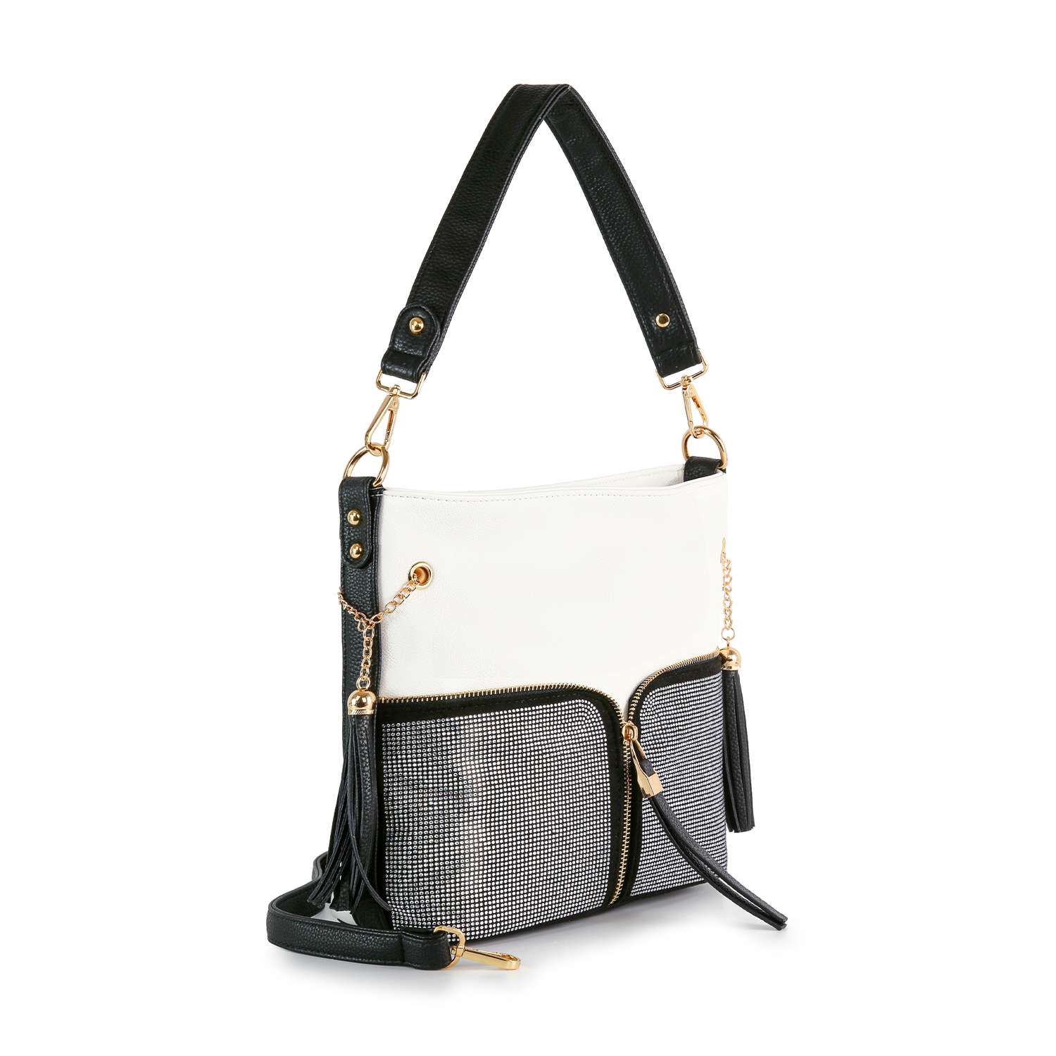 The Rhinestone Zip Hobo Handbag is crafted from faux leather with a white upper, black adjustable strap, gold hardware, front zippered pockets with silver studs, and chic black tassel details for a stylish look.