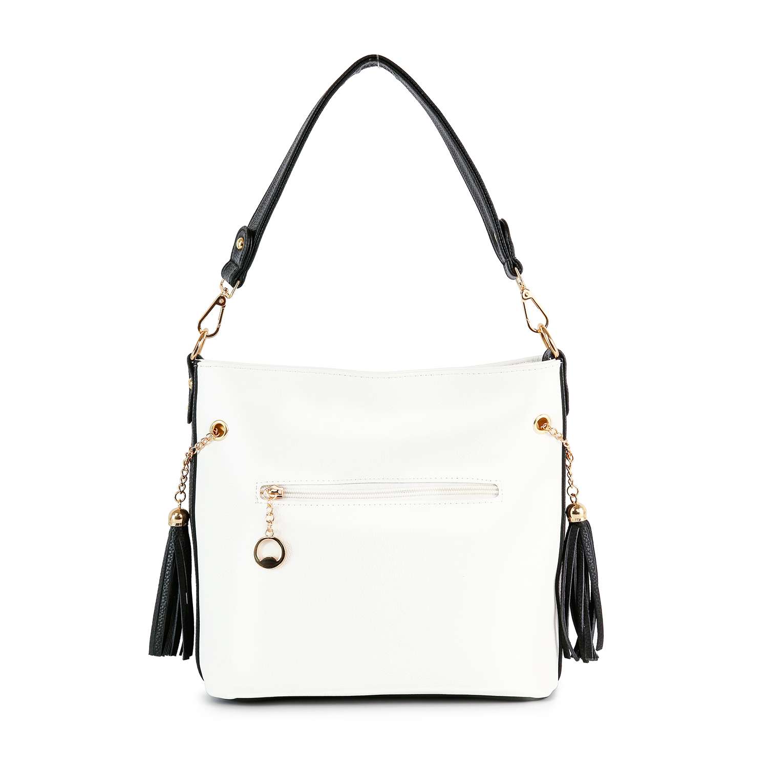 The Rhinestone Zip Hobo Handbag features chic white faux leather, a black shoulder strap, gold hardware, black tassel accents, a front zip pocket, and a round charm on the zipper.