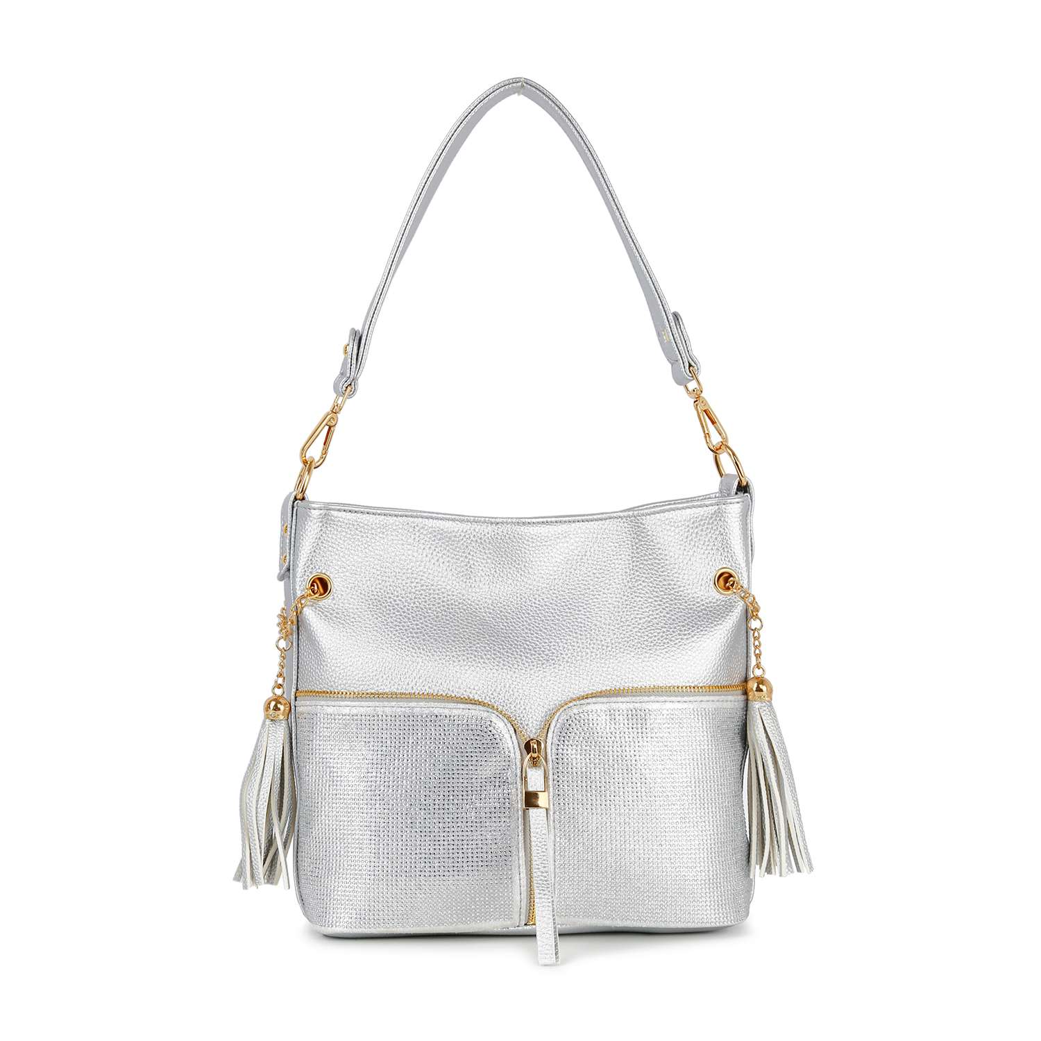 The Rhinestone Zip Hobo Handbag features textured silver faux leather, two front zipper pockets, gold hardware, a top handle, and decorative tassels on each side.