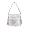 The Rhinestone Zip Hobo Handbag features textured silver faux leather, two front zipper pockets, gold hardware, a top handle, and decorative tassels on each side.