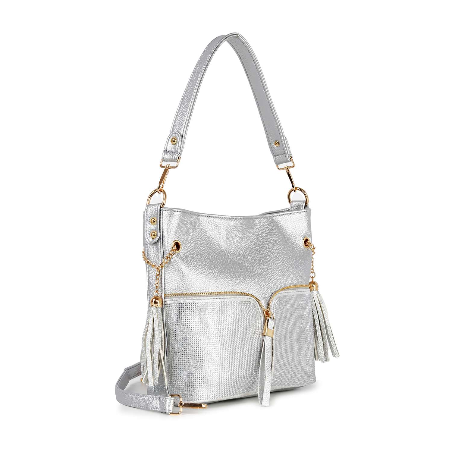 The Rhinestone Zip Hobo Handbag features a stylish silver textured faux leather finish, gold hardware, two front zippered pockets, decorative tassels, a top handle, and a detachable shoulder strap.