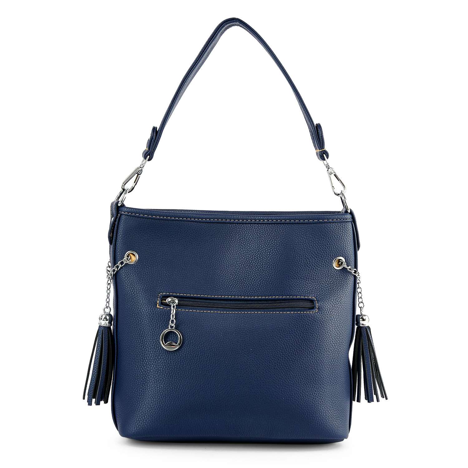 The American Flag Hobo Crossbody is a navy blue faux leather handbag with a single handle, front zipper pocket, silver hardware, two tassel accents, and a round charm. It features a structured design and can be styled as a chic crossbody sling bag.