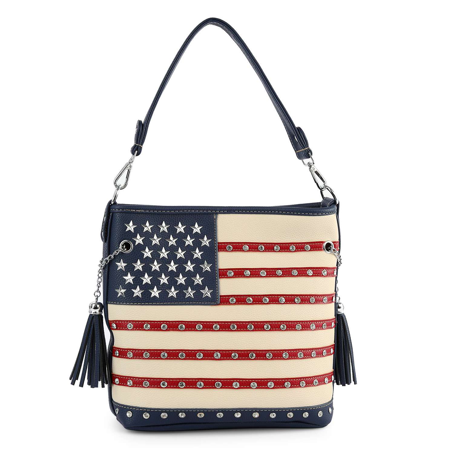 The American Flag Hobo Crossbody is a sling bag with a flag-inspired design, featuring red and white stripes, blue faux leather with white stars, silver studs, and twin tassels on each side of the strap.