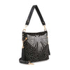 The Stunning Wing Design Hobo Crossbody is a black faux leather bag with silver bird-shaped studs, gold hardware, a tassel accent, a top handle, and a detachable strap for crossbody styling.