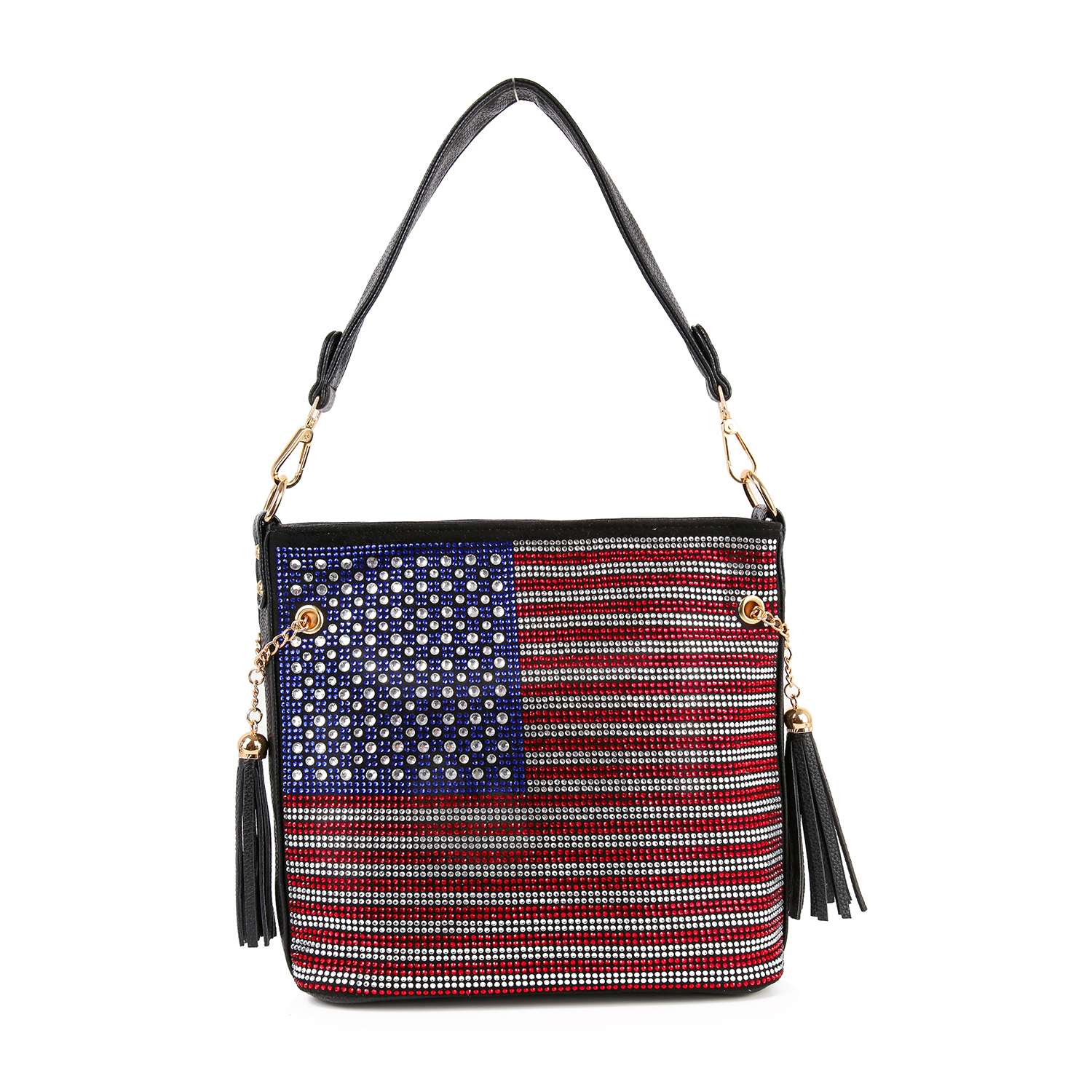 The Rhinestone Flag Americana Hobo Crossbody features red, white, and blue rhinestones in an American flag pattern, with a black strap and tassels—ideal for everyday use.