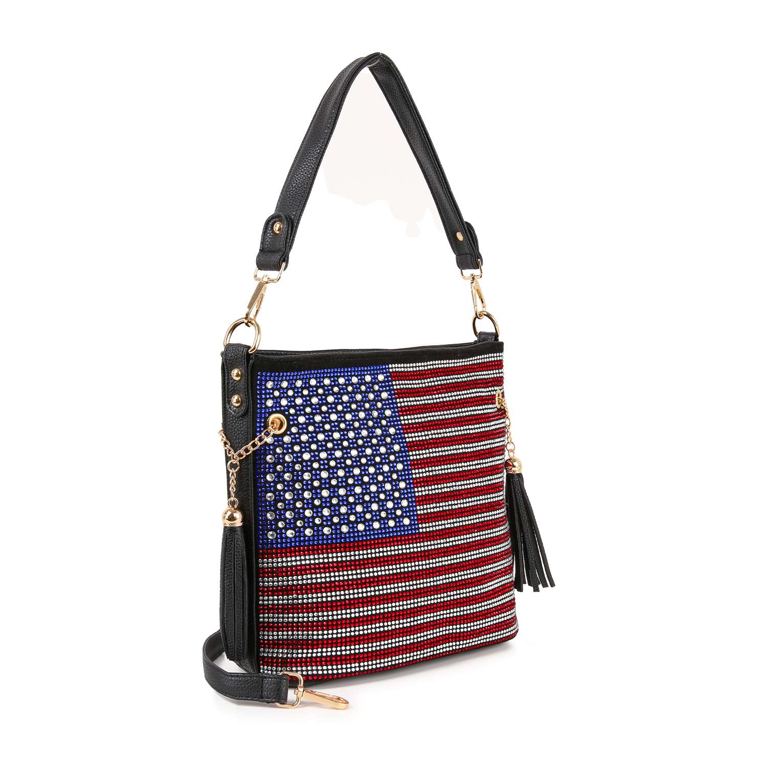 The Rhinestone Flag Americana Hobo Crossbody is a black-handled faux leather bag with gold hardware, tassel detail, and rhinestones in blue, red, and white forming an American flag design—ideal for everyday use.