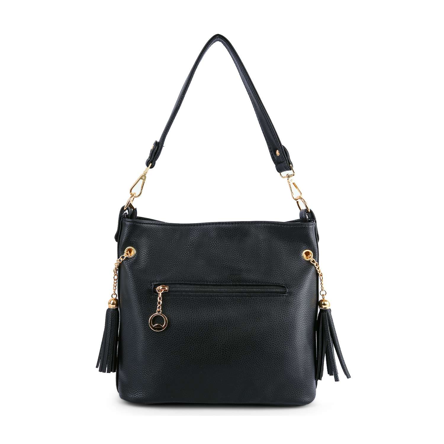 The Rhinestone Flag Americana Hobo Crossbody is a black faux leather bag with gold-tone hardware, front zip pocket, side tassel accents, a single shoulder strap, and a simple, elegant design with a slightly textured finish.