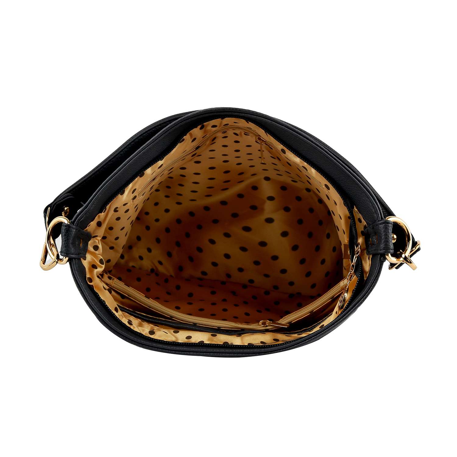Open Rhinestone Flag Americana Hobo Crossbody displaying gold and black polka dot lining, inner compartment, and side zipper pocket. Gold hardware accents the sides—perfect for everyday style.