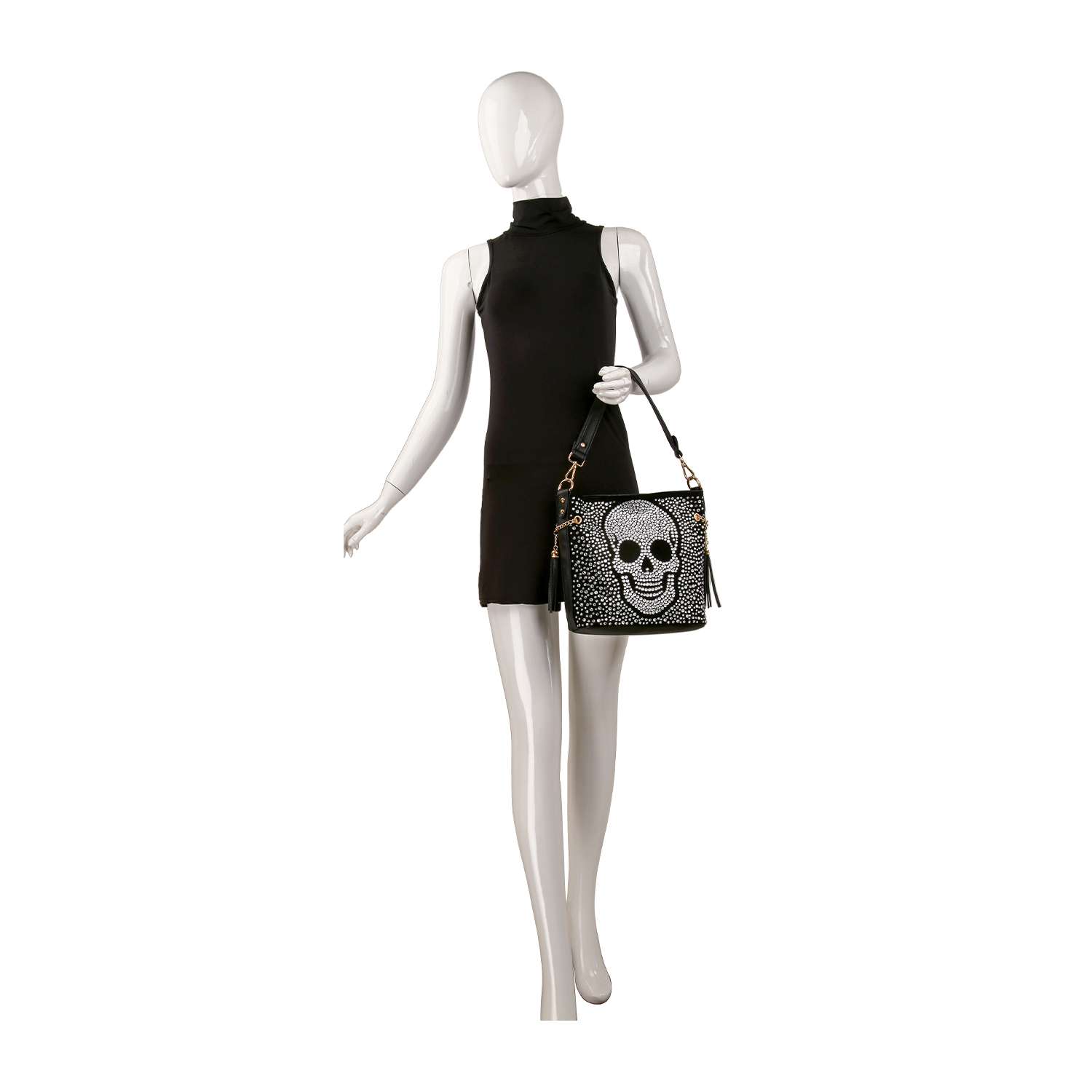 A mannequin in a sleeveless black mini dress holds the Sparkling Jolly Skull Hobo Crossbody, featuring a bold white skull graphic. The display is set against a plain white background.