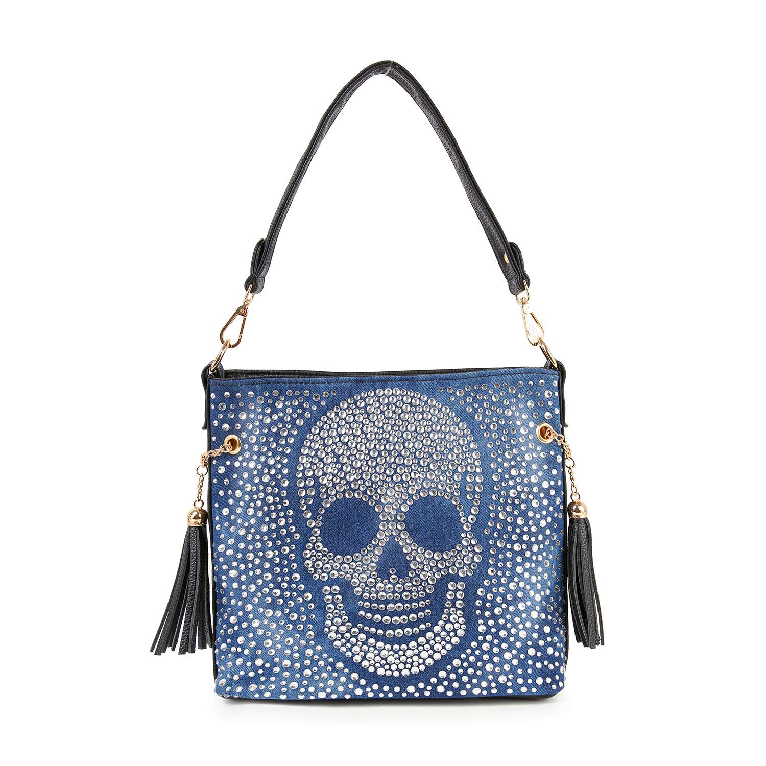 The Sparkling Jolly Skull Hobo Crossbody is a blue faux leather bag with silver studs forming a large skull, black handle, tassels on both sides, and can be worn as a crossbody sling.