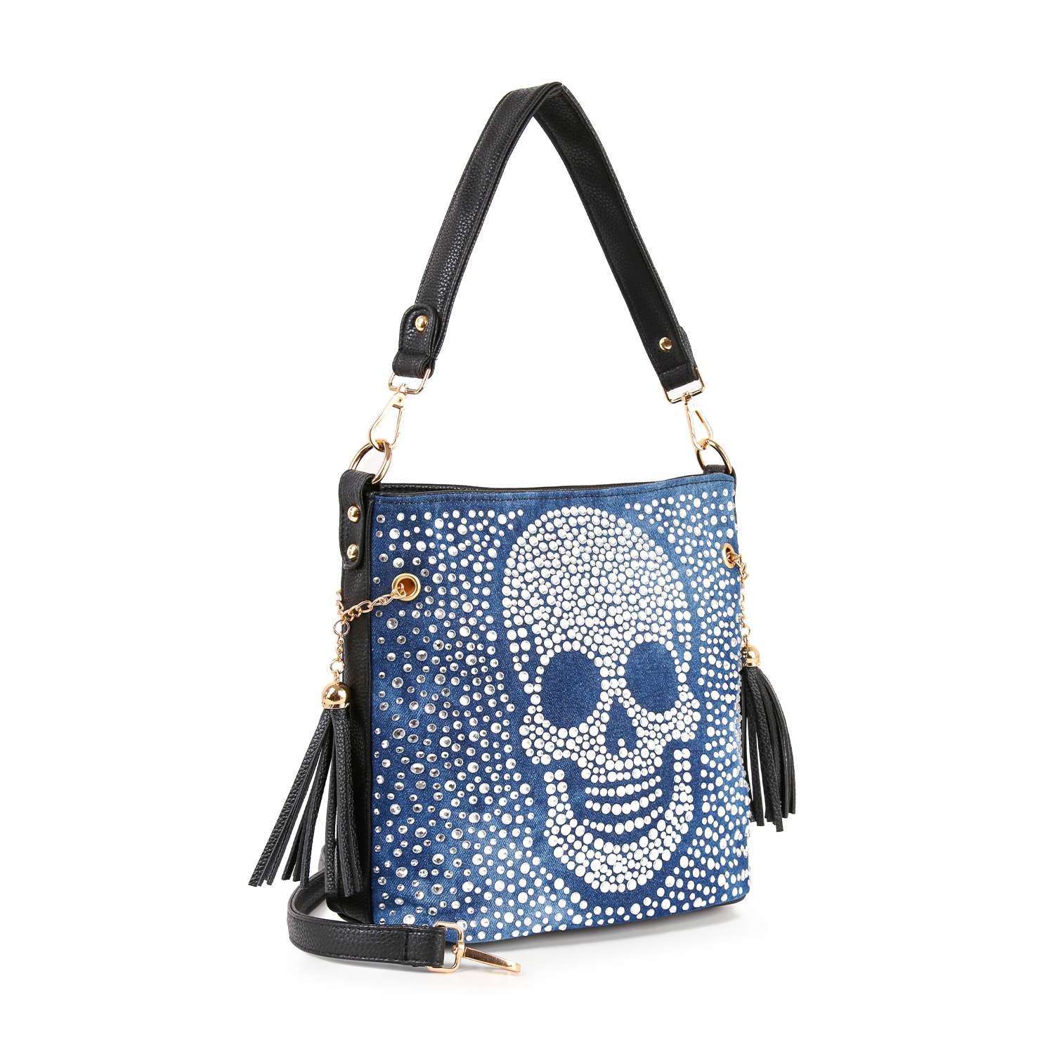 The Sparkling Jolly Skull Hobo Crossbody features a blue skull pattern, black strap, faux leather body, silver studded large skull on the front, black leather tassels, gold hardware accents, and can be worn as a crossbody sling.
