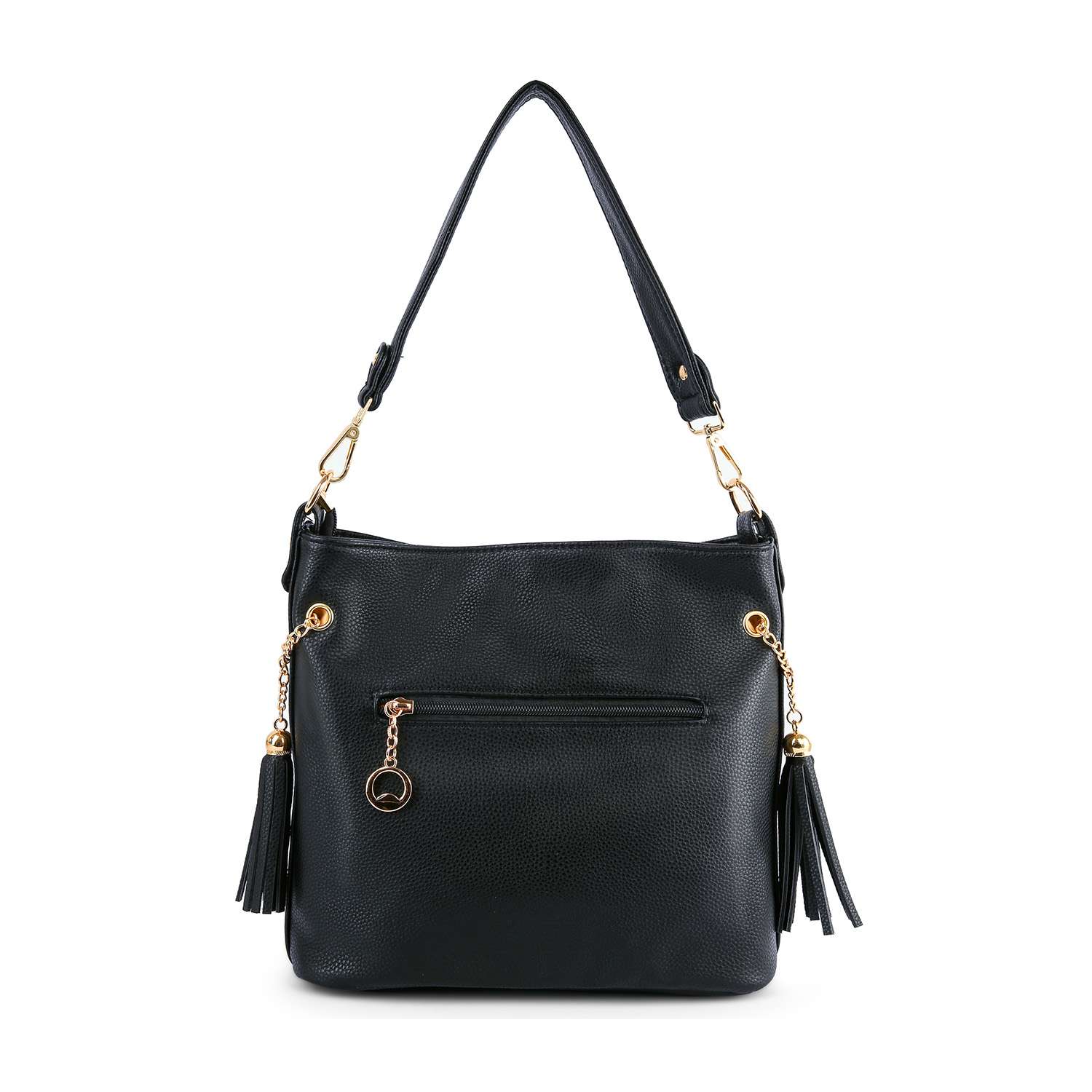 The Sparkling Jolly Skull Hobo Crossbody features black faux leather, a front zipper pocket, gold hardware, a ring charm, and two side tassels. Its elegant design allows you to wear it as a shoulder bag or a crossbody sling for versatile style.