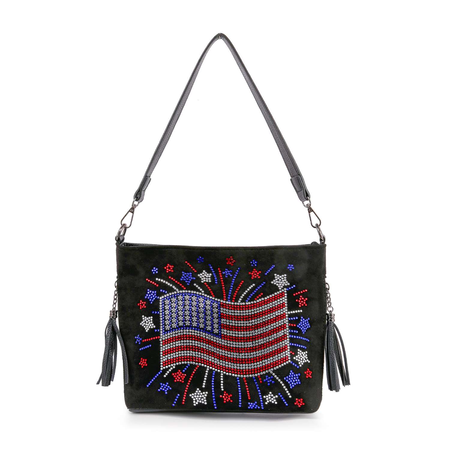 The Americana Flag Burst Hobo Crossbody is a black faux leather bag with a beaded American flag and red, white, and blue fireworks, featuring tassels on each side plus shoulder strap and crossbody options.