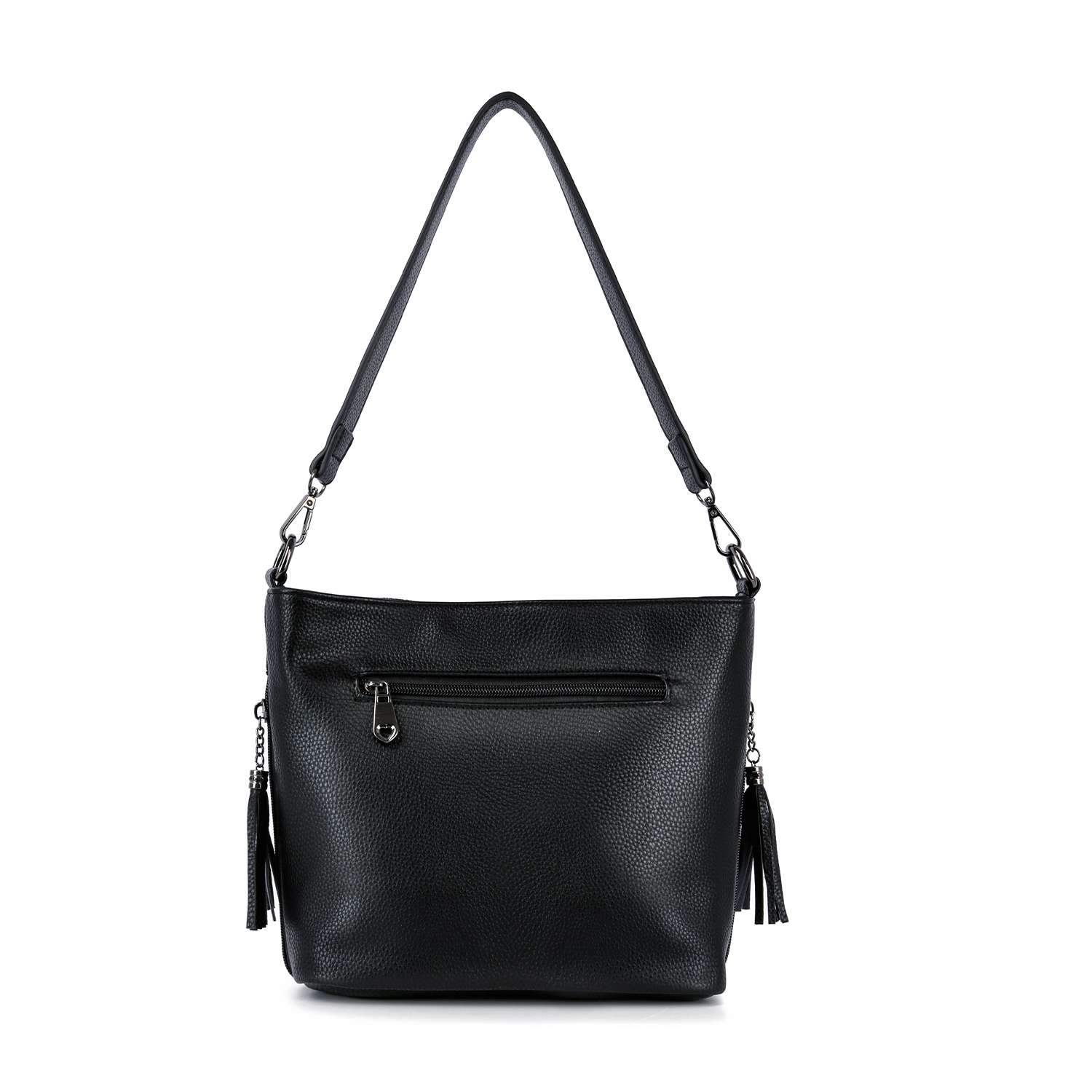 The Americana Flag Burst Hobo Crossbody is crafted from black faux leather with a single strap, front zippered pocket, and decorative tassels—its simple yet elegant style makes it a chic crossbody accessory.