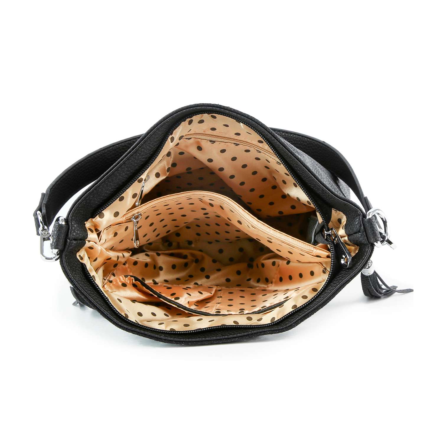 The Americana Flag Burst Hobo Crossbody features a classic design in black faux leather with a beige interior lining, multiple compartments, and pockets for organized crossbody convenience.