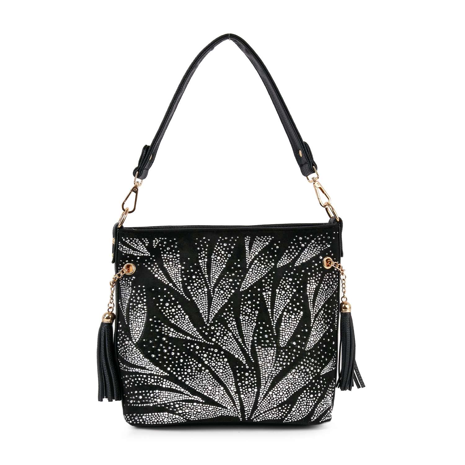 The Stunning Rhinestone Pattern Hobo Crossbody is a black faux leather bag with a single strap, gold hardware, two black tassels, and a white dotted leaf pattern on the surface.