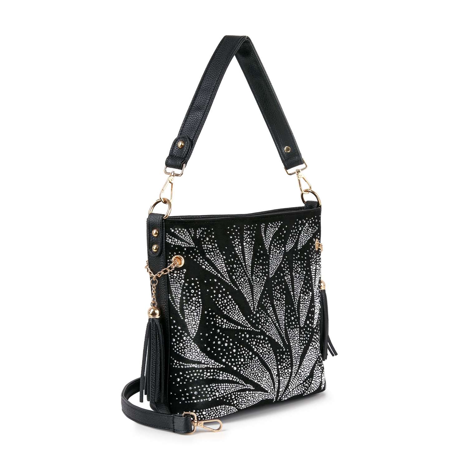 The Stunning Rhinestone Pattern Hobo Crossbody features black faux leather with a silver-studded leaf design, gold hardware, black tassels, and a detachable shoulder strap. This classic bag stands upright against a white background.
